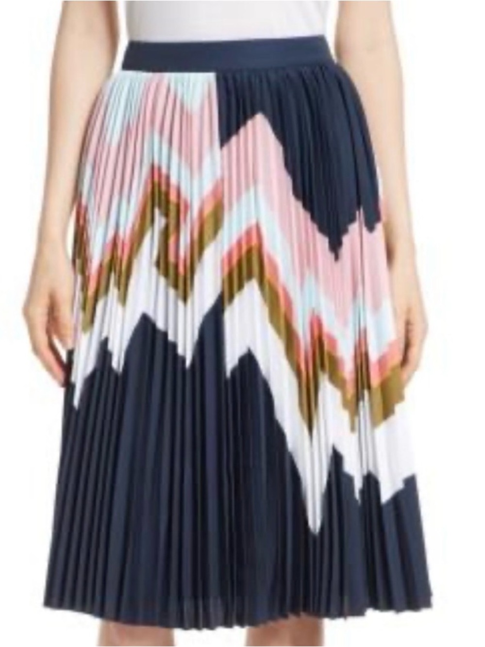 Ted Baker Pleated Midi Skirt in Navy with Pink & White Chevron